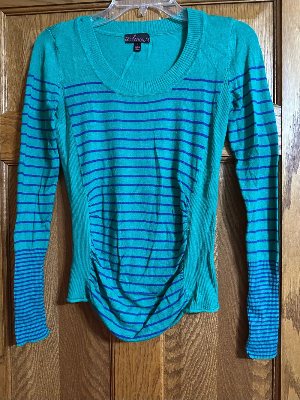 Takeout Teal Top with Purple Stripe Detail - Long Sleeve